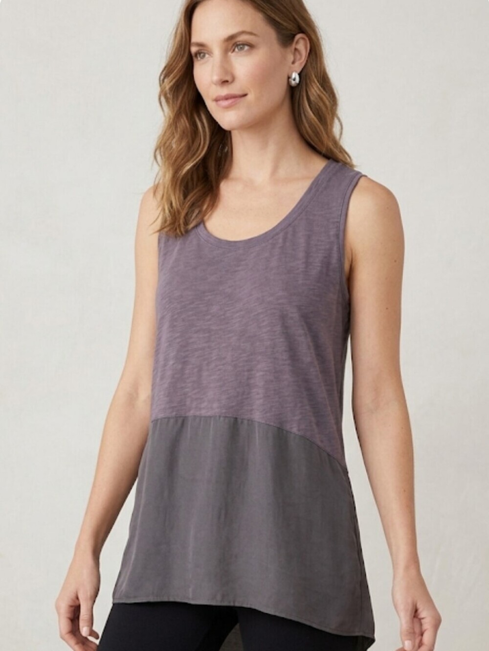Garnet Hill Silk Blend Mixed Media Tunic Tank Top Purple Gray XL High Low Hem